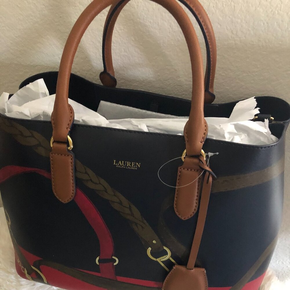 New Ralph Lauren Belting-Print Large Marcy Satchel